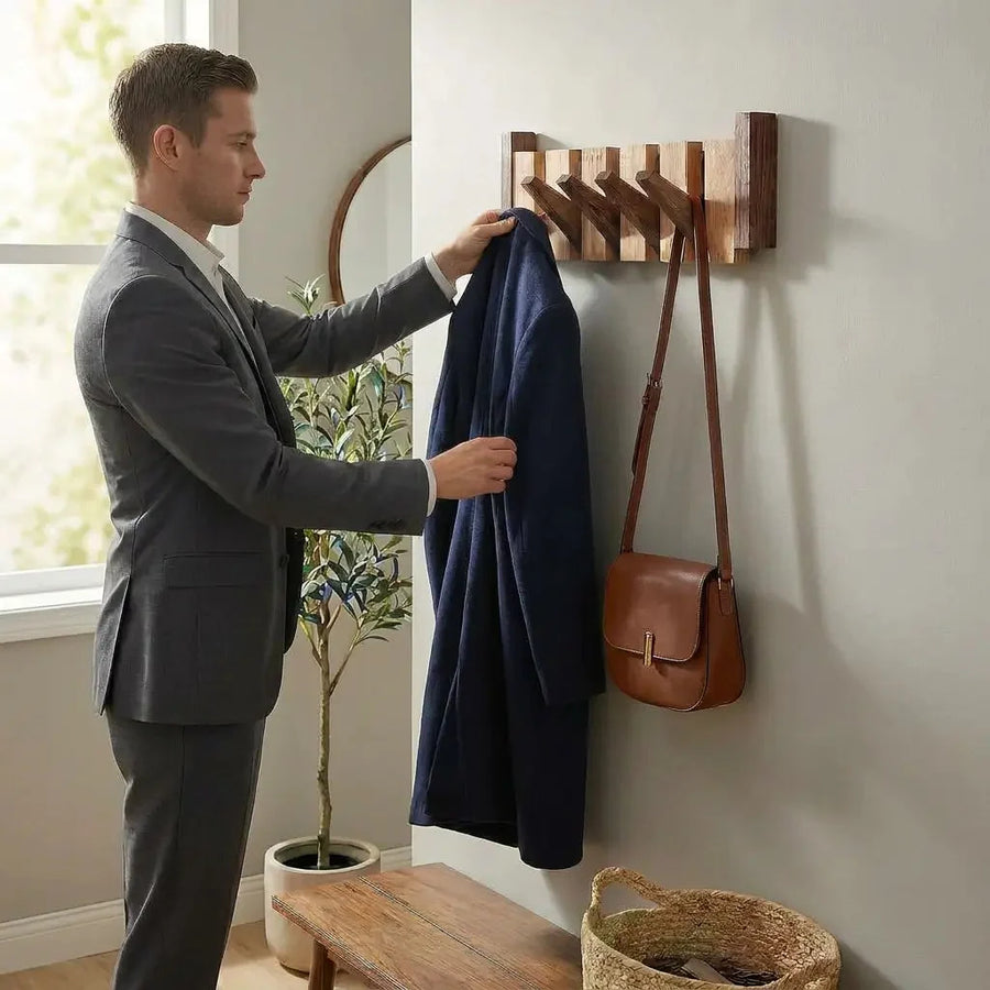 Perchero de pared de madera con ganchos plegables, Verona