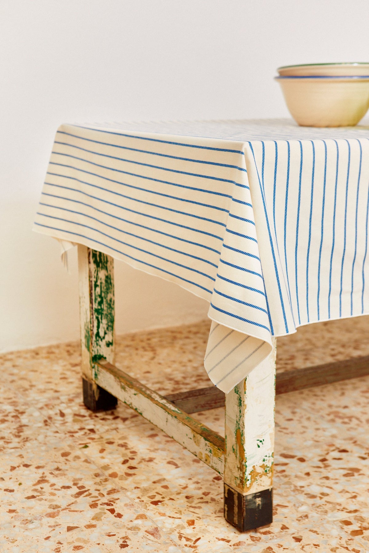 Mantel de algodón con raya fina azul