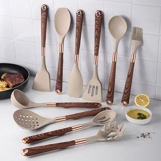 Silicone Cooking Utensils with Wooden Handle