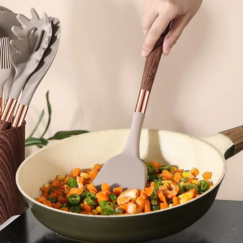 Silicone Cooking Utensils with Wooden Handle