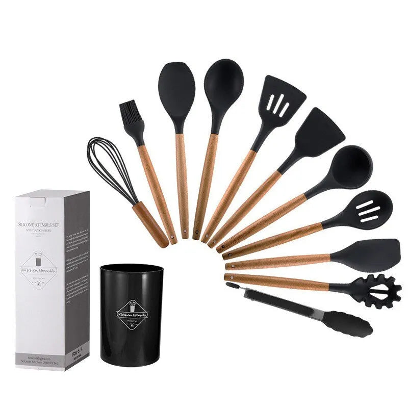 black kitchen utensils set with wooden handles with container