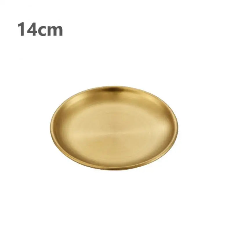 a gold stainless steel round plate with a white background 14 cm