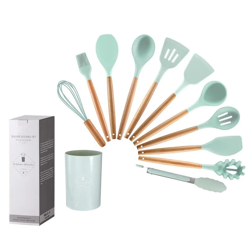 grey kitchen utensils set with wooden handles with container