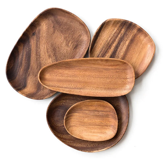 a group of wooden plates