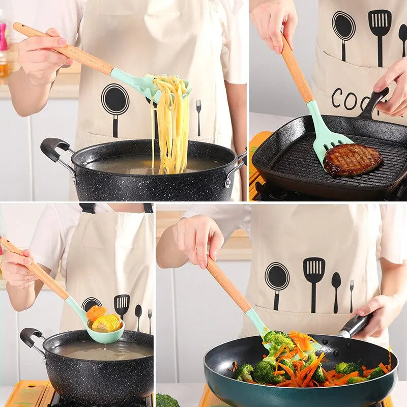 collage of a person cooking food with different utensils