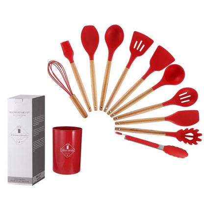 red kitchen utensils set with wooden handles with container