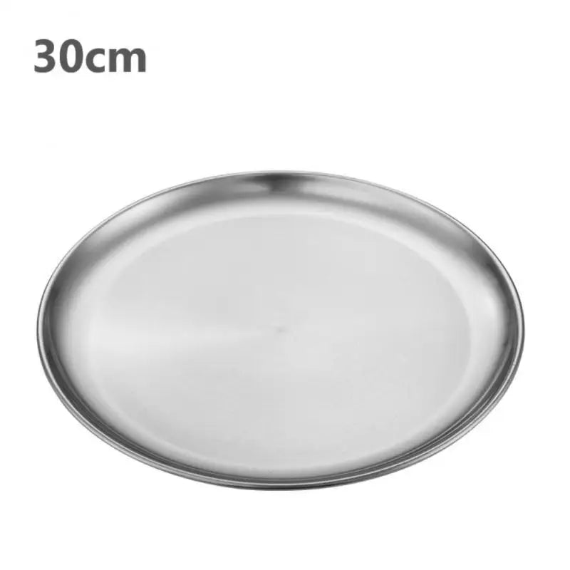 a silver stainless steel round plate with a white background 30 cm