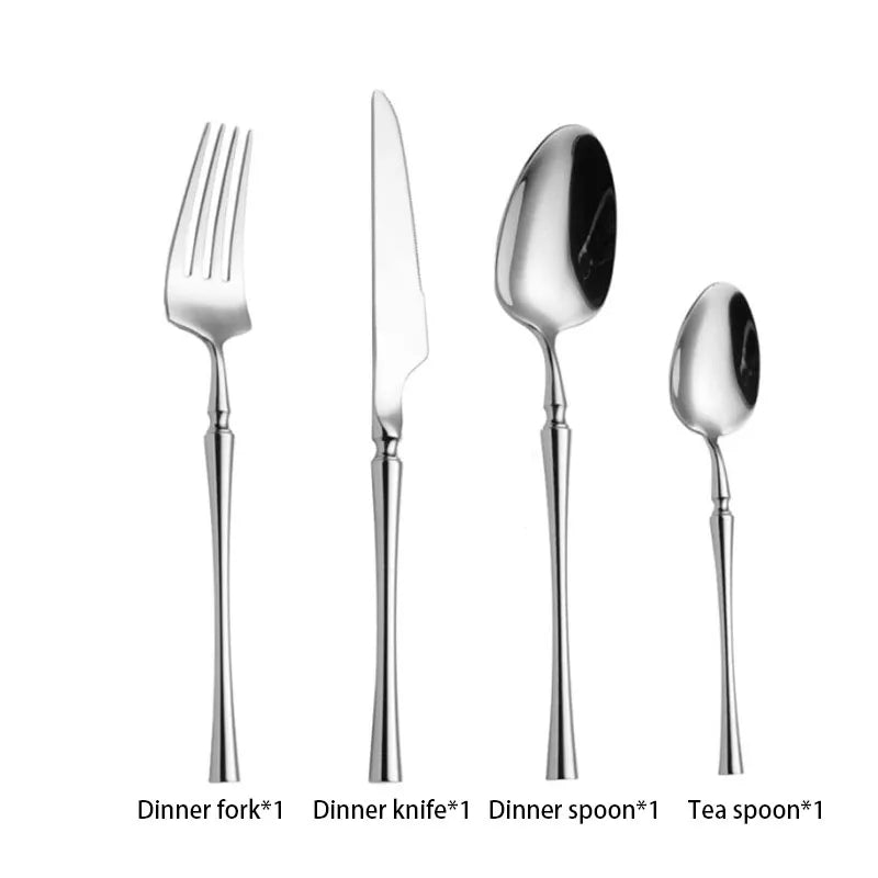 a silverware set with a dinner fork knife spoon and a tea spoon