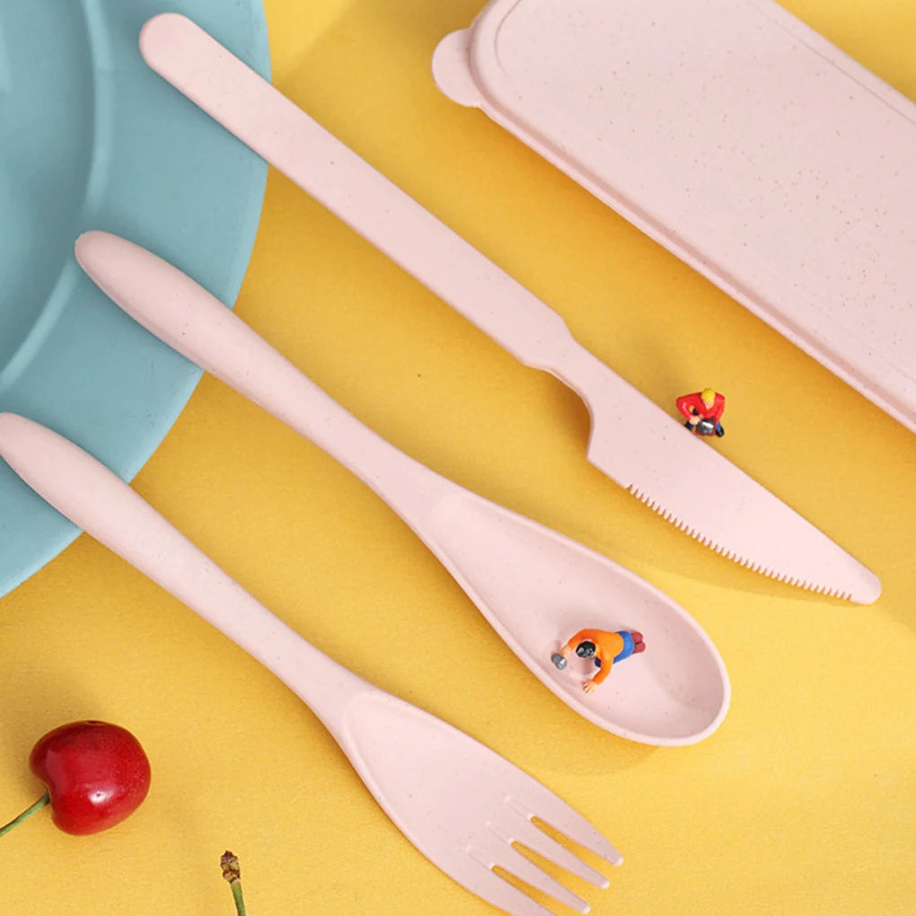 a spoon fork knife and spoon with a toy figurine