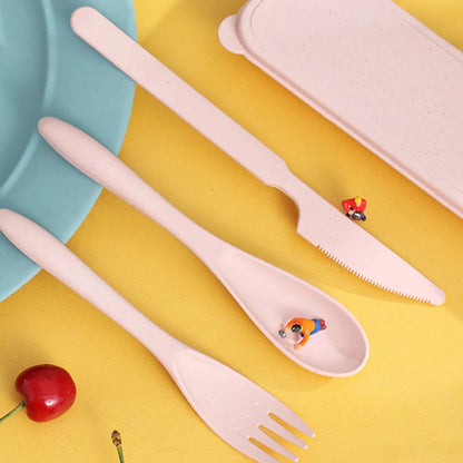 a spoon fork knife and spoon with a toy figurine