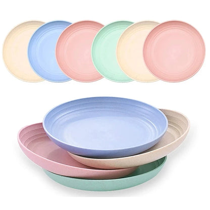 a stack of colorful wheat straw plates